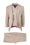 Beige Tiglio Italian suit: double-breasted jacket with notched lapel & layered under-jacket. Straight-leg trousers. Jacket interior: red/white houndstooth. Side pocket & button closure.
