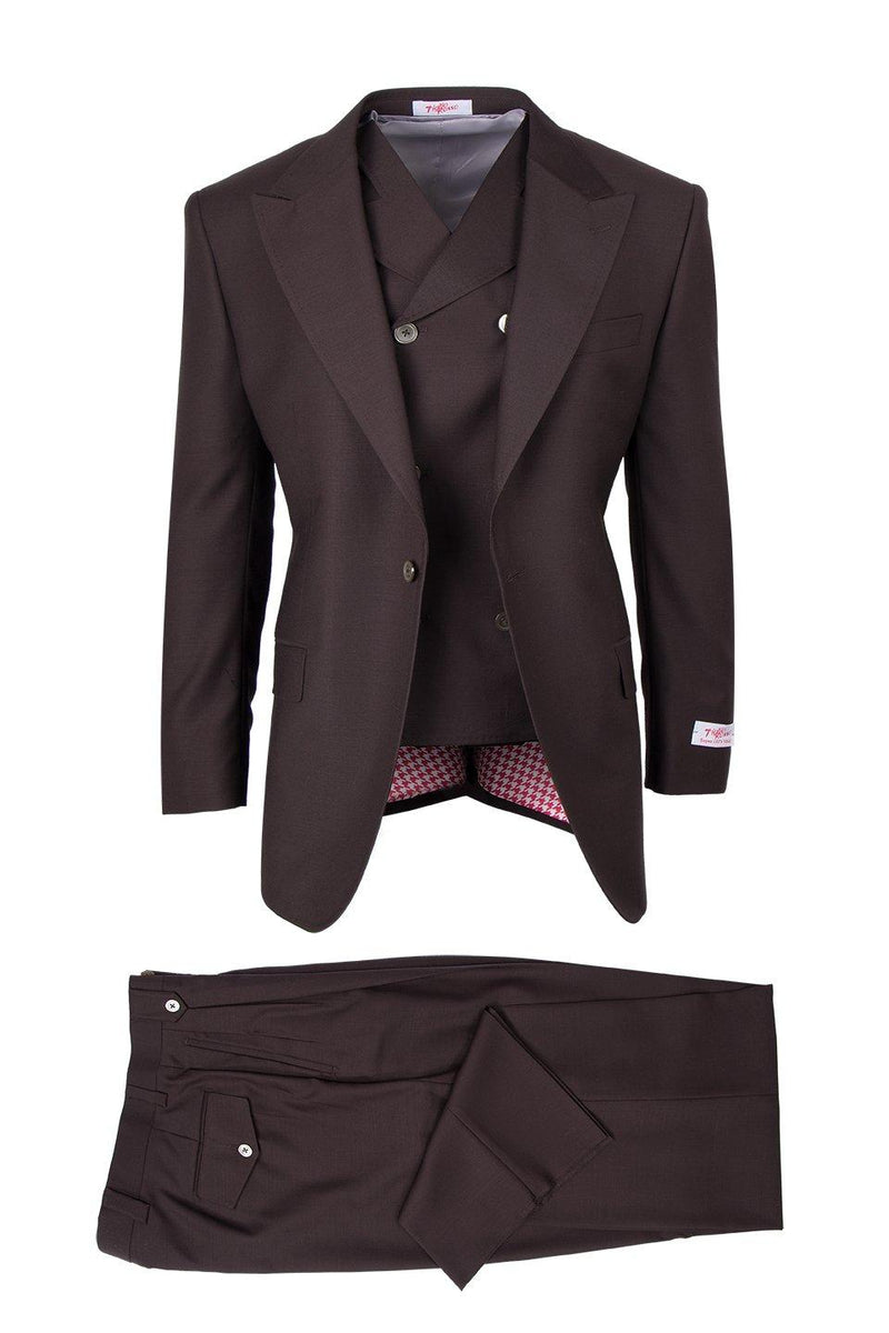Tiglio Italian suit: Brown, double-breasted blazer with notch lapels, 2 buttons. Matching tailored trousers. Blazer features patterned lining.