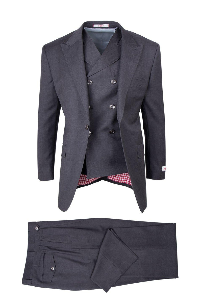 Dark gray Tiglio Italian suit: double-breasted blazer with peak lapels, six buttons. Single-pleated trousers. Houndstooth lining.
