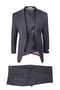 Dark gray Tiglio Italian suit: double-breasted blazer with peak lapels, six buttons. Single-pleated trousers. Houndstooth lining.
