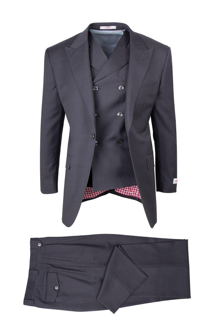 Dark gray Tiglio Italian suit: double-breasted blazer with peak lapels, six buttons. Single-pleated trousers. Houndstooth lining.
