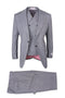 Gray houndstooth Tiglio Italian suit. Double-breasted jacket with peaked lapels and visible buttons. Red/white checked interior. Matching trousers with side pockets and button closures.
