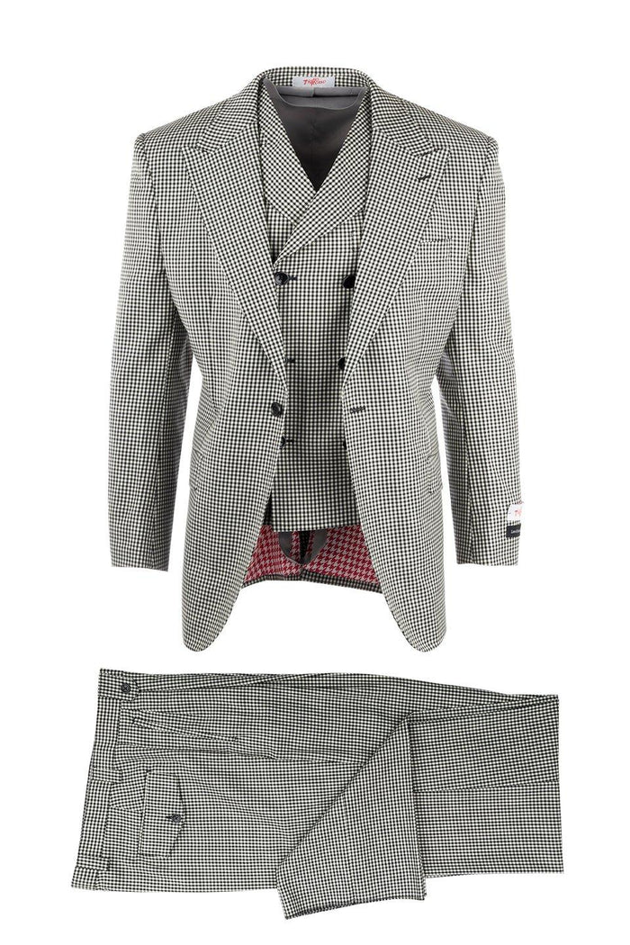 Tiglio Italian suit: double-breasted jacket & trousers in black-and-white houndstooth. Jacket: structured shoulders, notched lapel, red lining. Trousers: straight-leg, belt loops, button/zipper closure.
