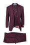 Tiglio Italian suit: burgundy two-piece. Double-breasted jacket with notched lapel, houndstooth lining, and visible buttons. Matching flat-front trousers with side pockets.
