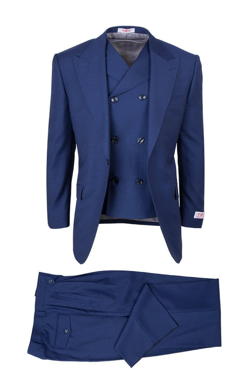 Tiglio Italian suit: double-breasted jacket & straight-leg trousers, deep blue. Features peaked lapel & 2 pockets. Smooth, lightweight fabric. Flat-front trousers.