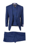 Tiglio Italian suit: double-breasted jacket & straight-leg trousers, deep blue. Features peaked lapel & 2 pockets. Smooth, lightweight fabric. Flat-front trousers.