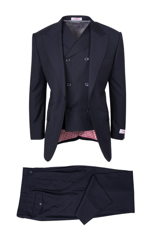 Dark navy Tiglio Italian suit. Double-breasted jacket with peaked lapels, red & white houndstooth lining. Matching navy tailored pants with side pockets and button closure.
