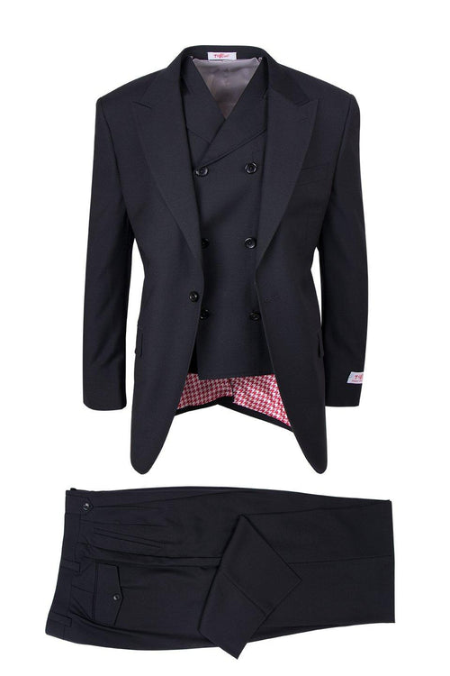 Dark navy Tiglio Italian suit: double-breasted jacket with peak lapels & houndstooth lining. Flat-front trousers, matching color, side pockets, single button closure.
