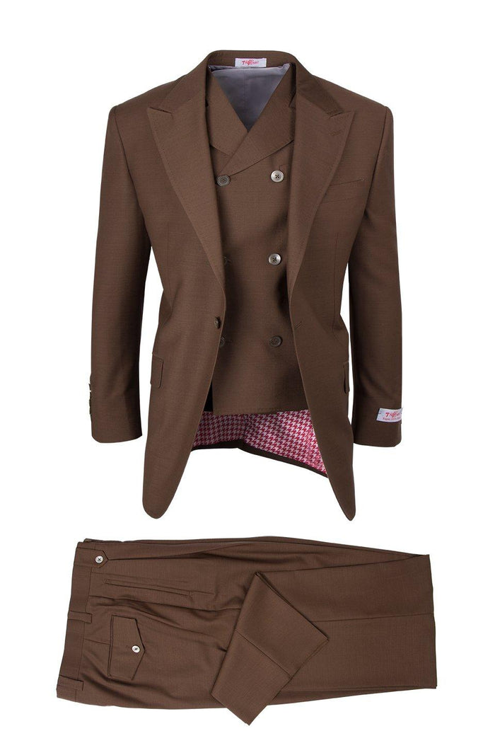 Brown Tiglio Italian suit: double-breasted jacket with notched lapels, patterned lining. Matching flat-front trousers with side & back pockets. Tailored details.
