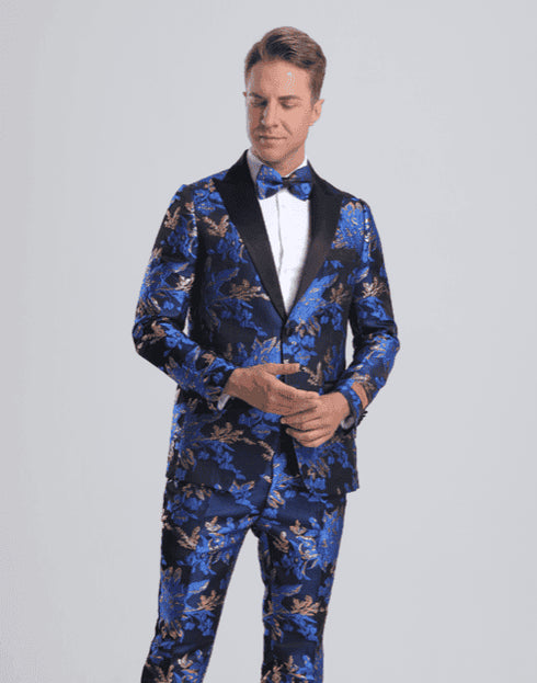 Royal Blue and Gold Tuxedo Suit With Bowtie - AlbertoNardoniStore