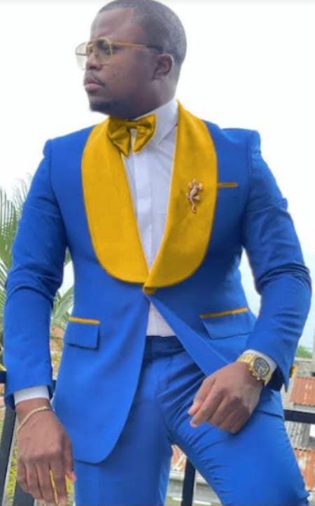 Royal Blue and Gold Tuxedo Suit With Bowtie - AlbertoNardoniStore