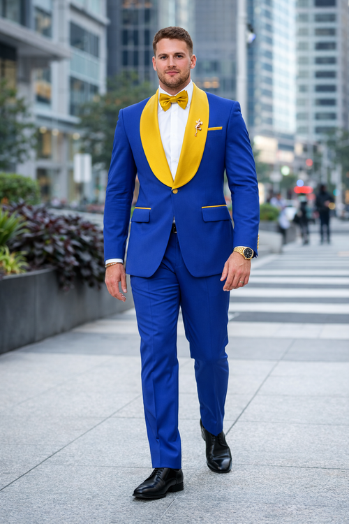 Royal Blue and Gold Tuxedo Suit With Bowtie
