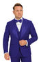 Royal blue Italian wool 3-piece modern fit tuxedo. Tailored blazer with sequined lapels, matching vest, and trousers. Luxurious, cohesive royal blue.