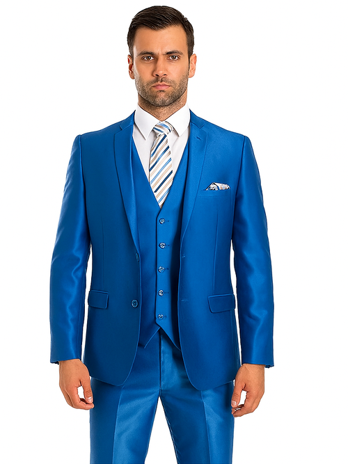 "Royal Blue Men's Sharkskin Wedding Suit - Two Button Vested Prom 2025 Fashion"