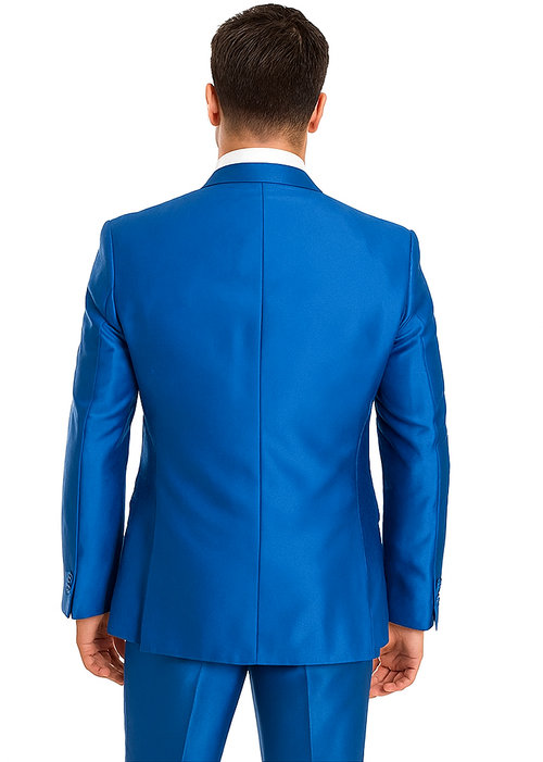 "Royal Blue Men's Sharkskin Wedding Suit - Two Button Vested Prom 2025 Fashion"