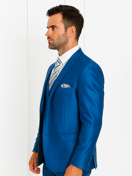"Royal Blue Men's Sharkskin Wedding Suit - Two Button Vested Prom 2025 Fashion"