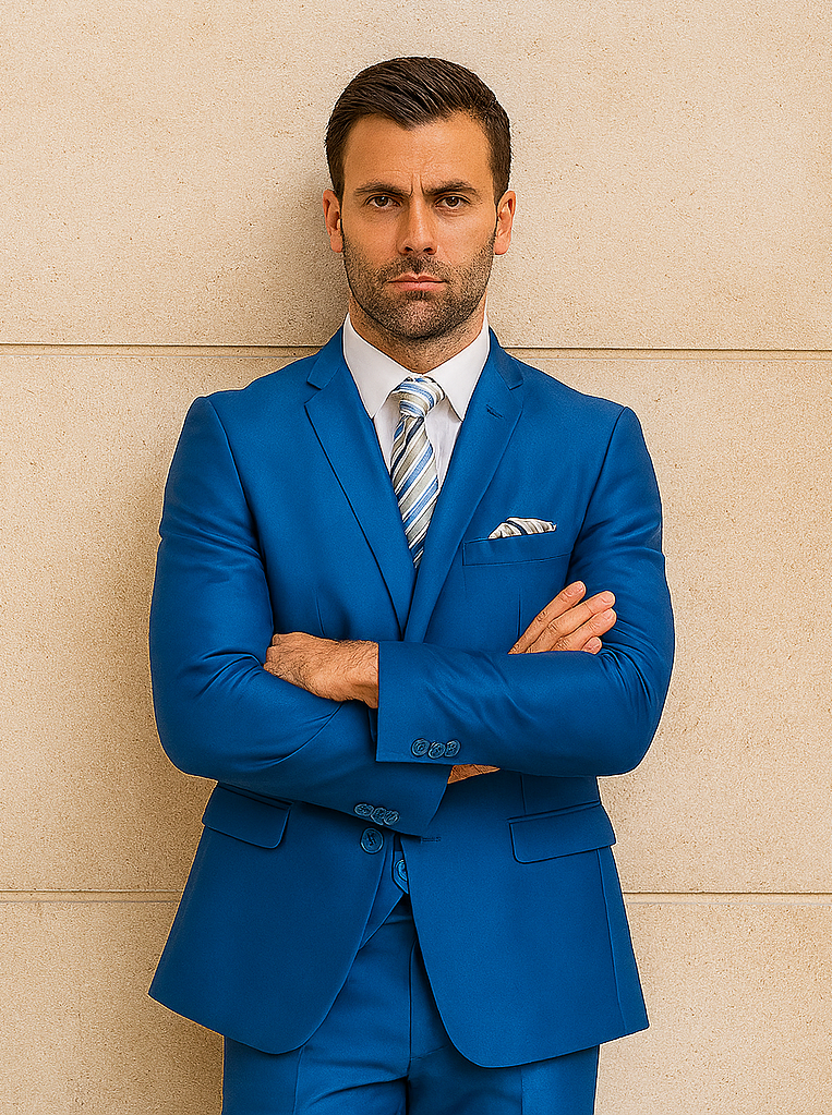 "Royal Blue Men's Sharkskin Wedding Suit - Two Button Vested Prom 2025 Fashion"