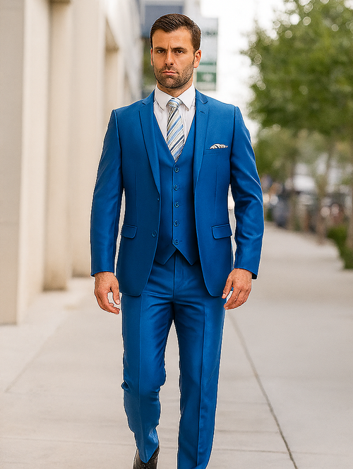 "Royal Blue Men's Sharkskin Wedding Suit - Two Button Vested Prom 2025 Fashion"