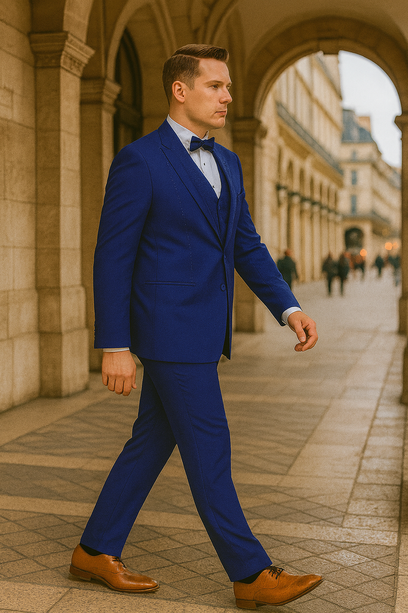 Royal blue Italian wool tuxedo by Alberto Nardoni. Modern fit, 3-piece suit with tailored jacket, vest, and trousers. Smooth, structured fabric. Includes bow tie. Styled with brown dress shoes.