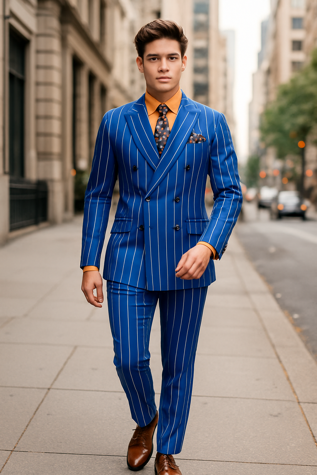 Mens Double Breasted Blazer Suit Jacket - Bold Pinstripe Sport Coat in Royal and White Pinstripe