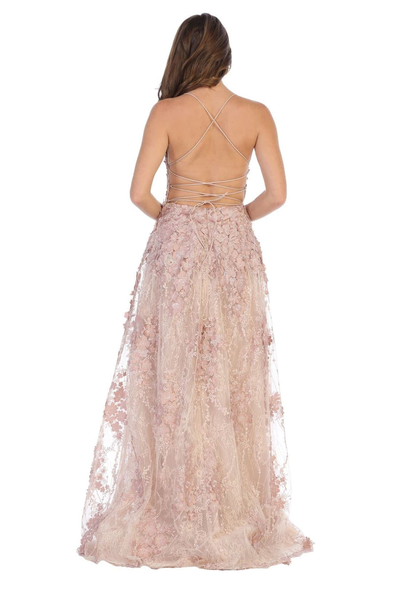 Royal Queen RQ7738 V Neck Floral Applique Thigh High Slit Prom Dress