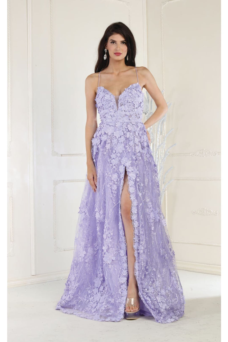 Royal Queen RQ7738 V Neck Floral Applique Thigh High Slit Prom Dress