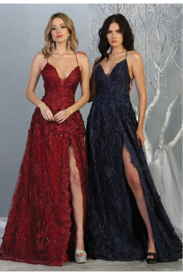 Royal Queen RQ7738 V Neck Floral Applique Thigh High Slit Prom Dress