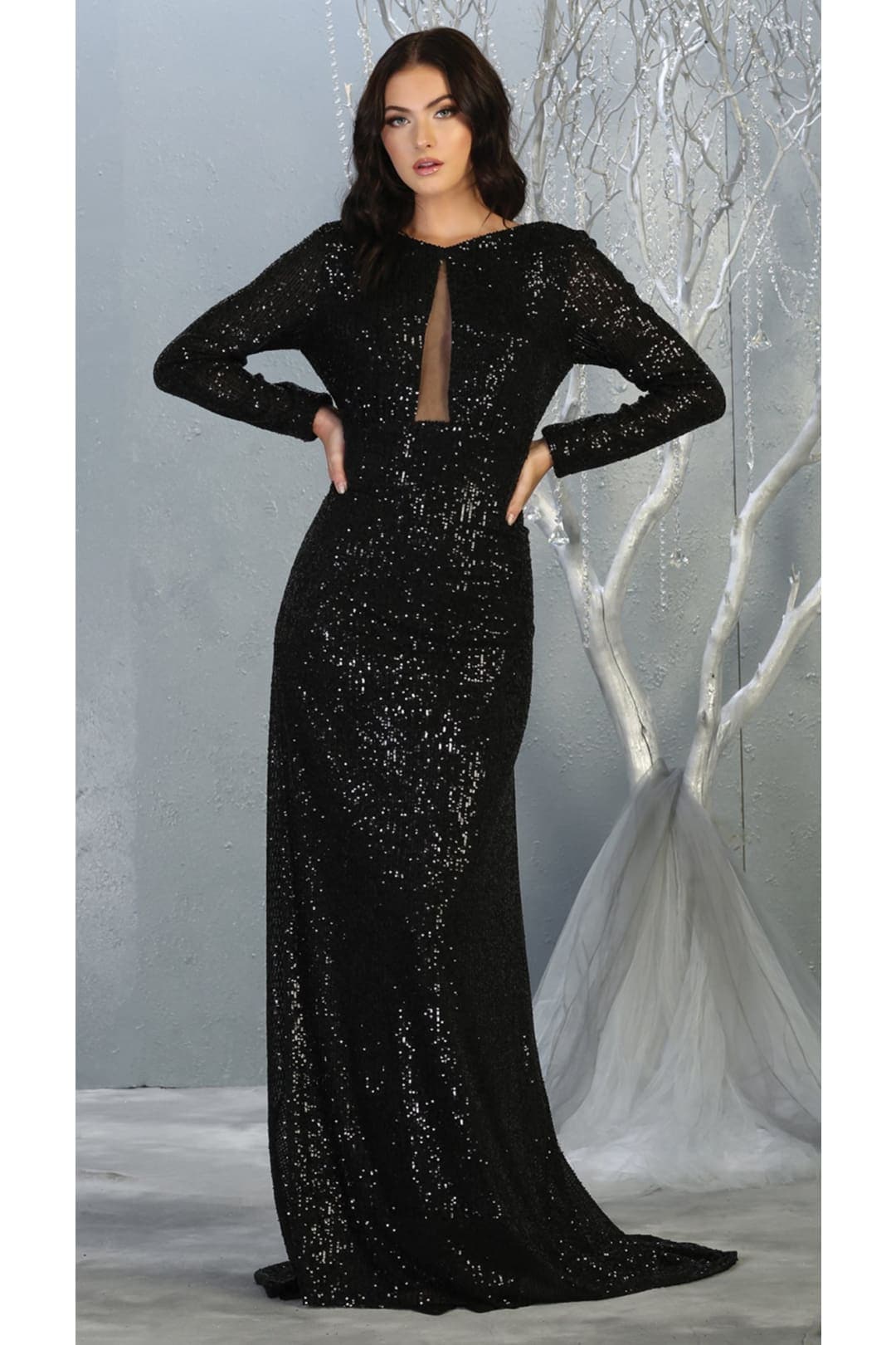 Long Sleeve Stretchy Red Carpet Sequin Formal Dress
