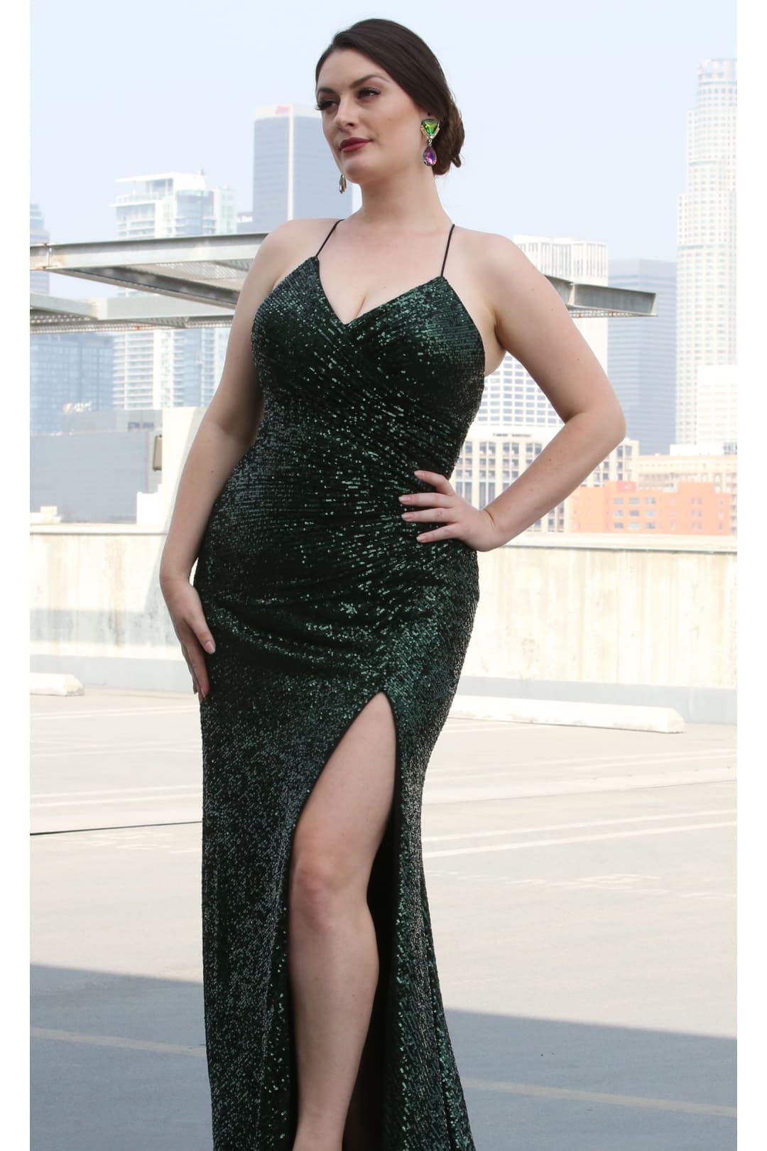 Royal Queen RQ7852 Sequined V Neck High Slit Open Back Long Prom Dress