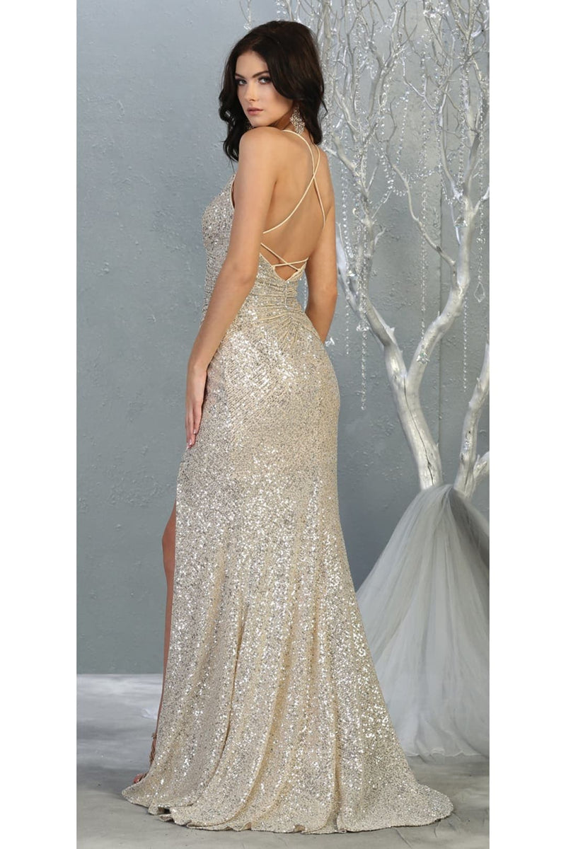 Royal Queen RQ7852 Sequined V Neck High Slit Open Back Long Prom Dress