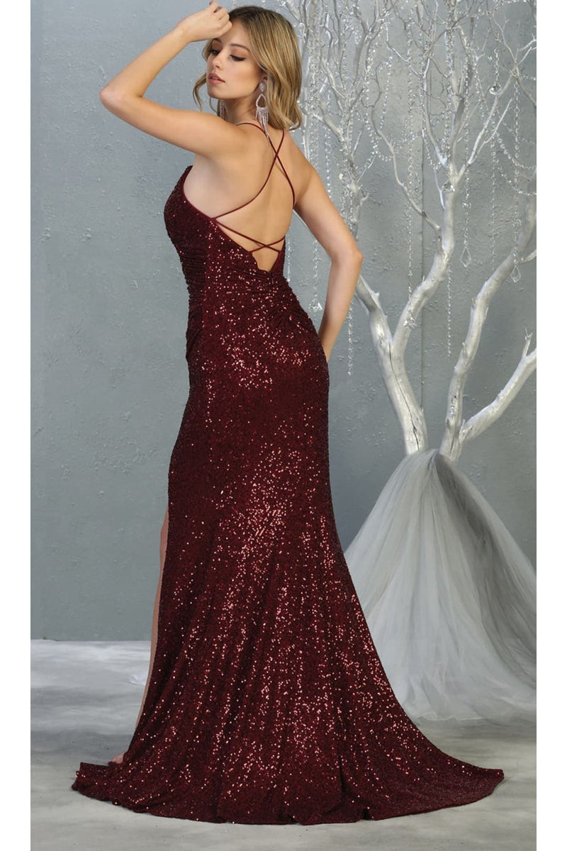 Royal Queen RQ7852 Sequined V Neck High Slit Open Back Long Prom Dress