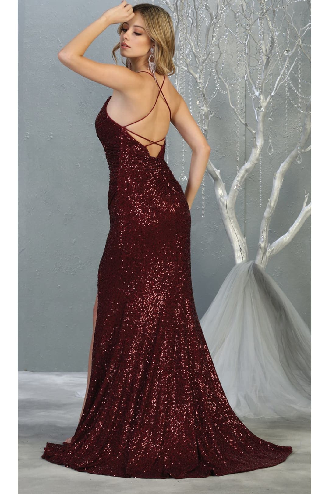 Royal Queen RQ7852 Sequined V Neck High Slit Open Back Long Prom Dress
