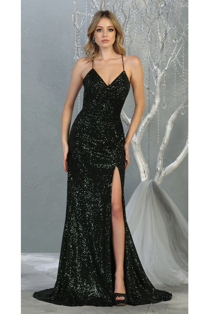 Royal Queen RQ7852 Sequined V Neck High Slit Open Back Long Prom Dress
