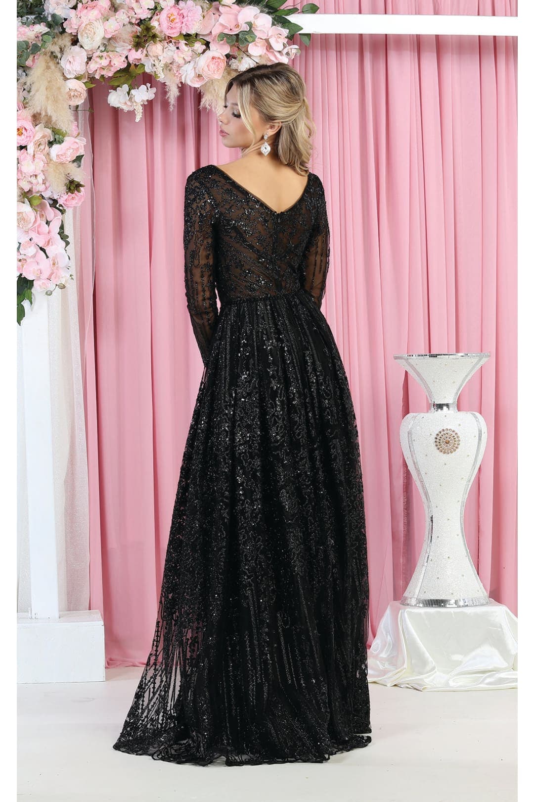 Glitter Floor Sweeping Prom Dress Long Sleeve V-neck Evening Gown