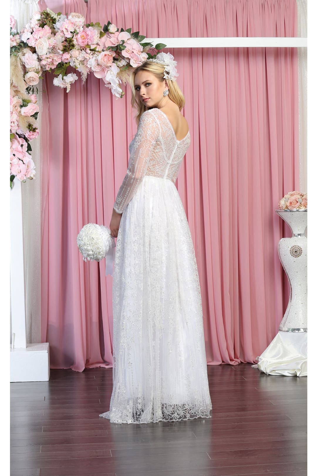 Glitter Floor Sweeping Prom Dress Long Sleeve V-neck Evening Gown