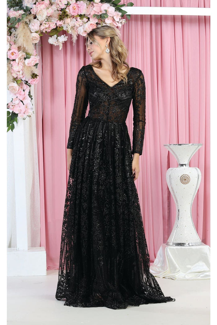 Glitter Floor Sweeping Prom Dress Long Sleeve V-neck Evening Gown
