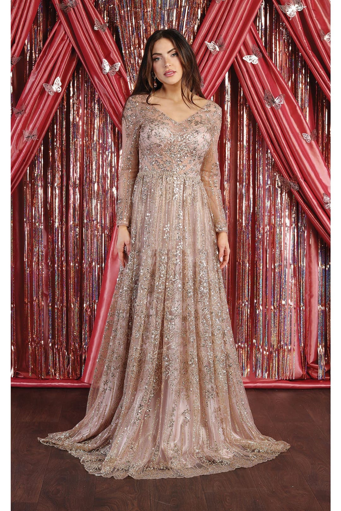 Glitter Floor Sweeping Prom Dress Long Sleeve V-neck Evening Gown