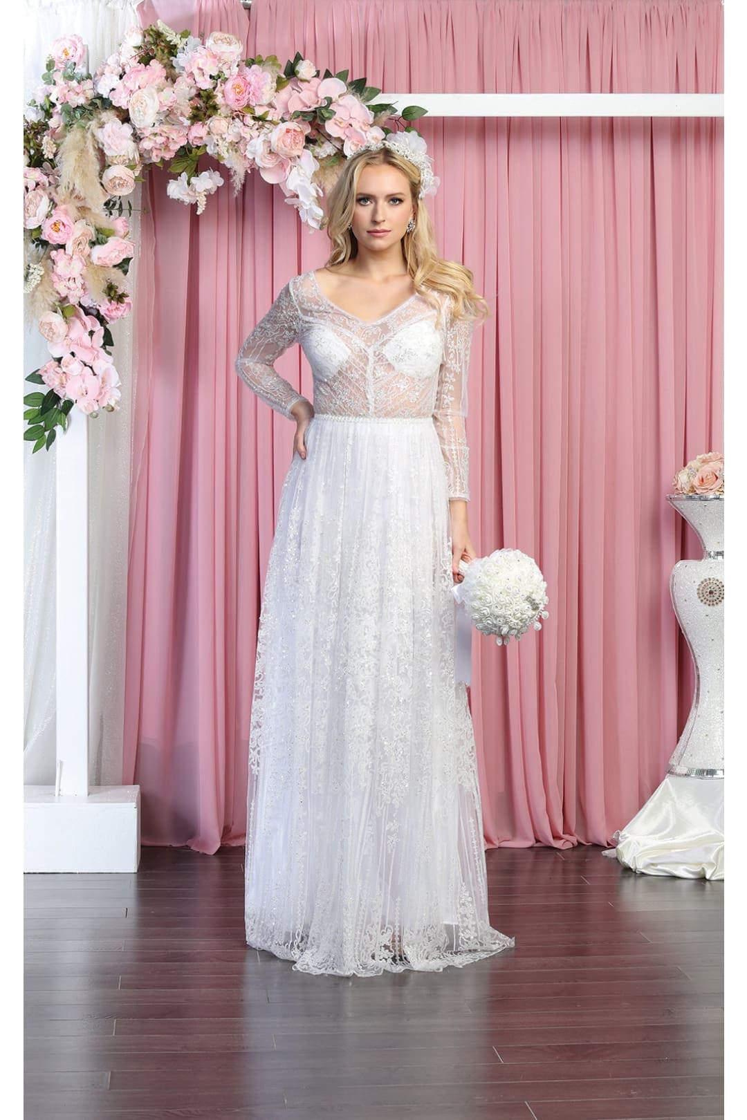 Glitter Floor Sweeping Prom Dress Long Sleeve V-neck Evening Gown