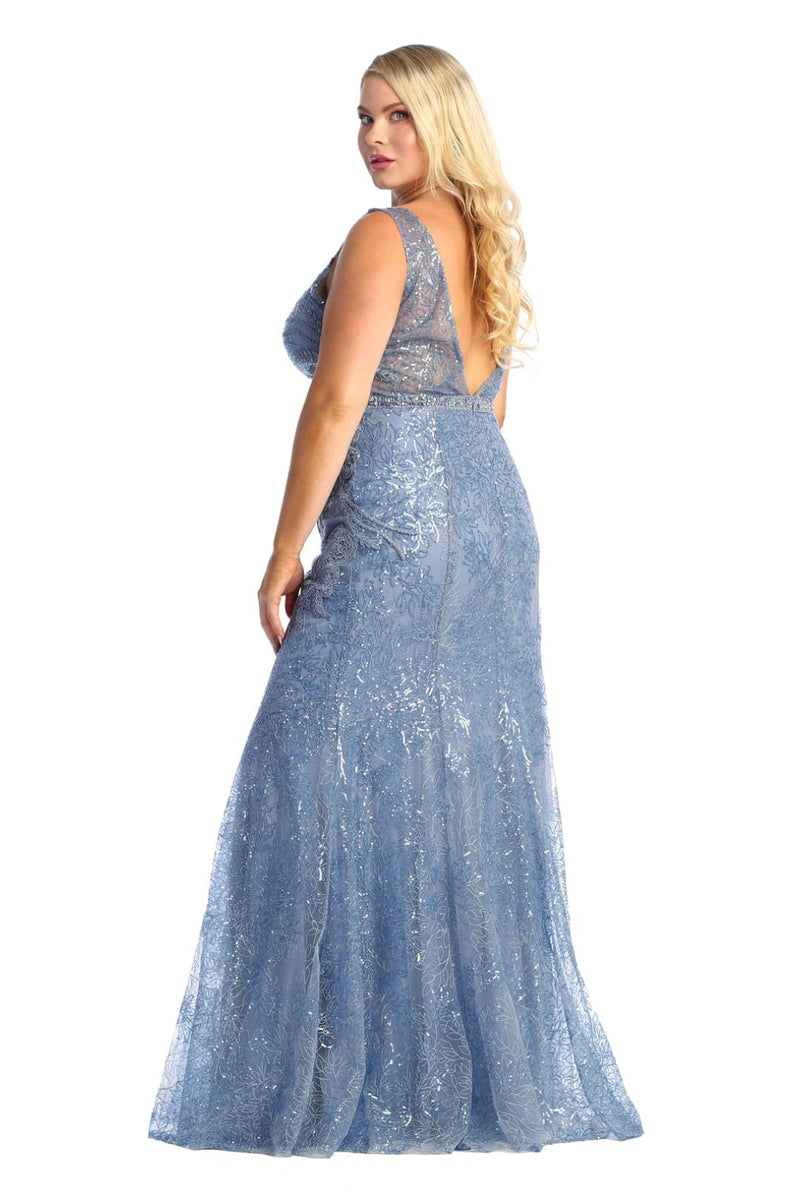 Dusty Blue Embellished Deep V-Neck Sheath Formal Dress by Royal Queen RQ7928