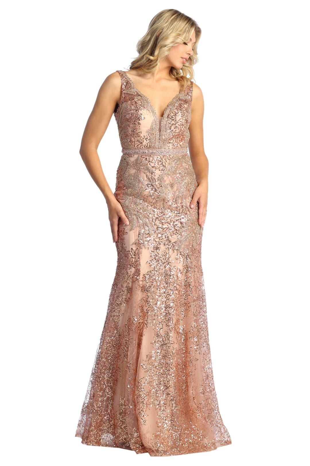 Dusty Blue Embellished Deep V-Neck Sheath Formal Dress by Royal Queen RQ7928