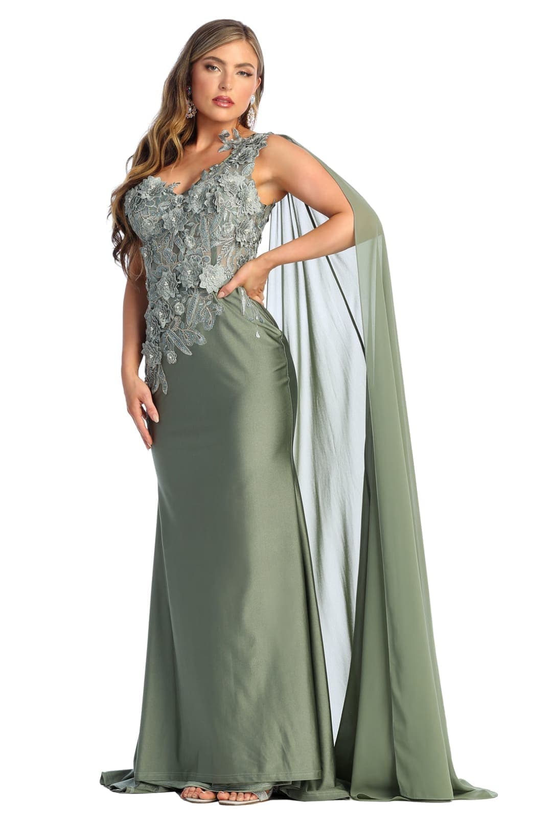 Royal Queen RQ7943 Long Embroidered One Shoulder Prom Dress With Cape