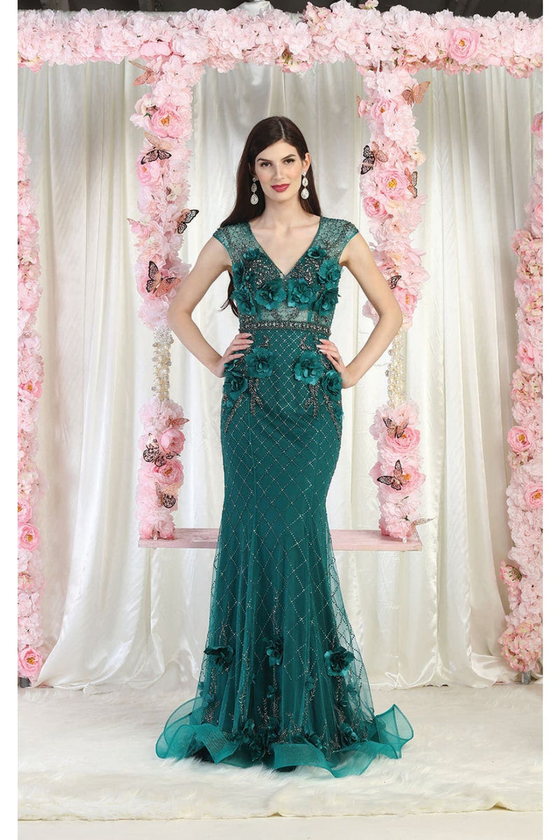 Royal Queen RQ7951 V-Neck 3D Floral Evening Dress