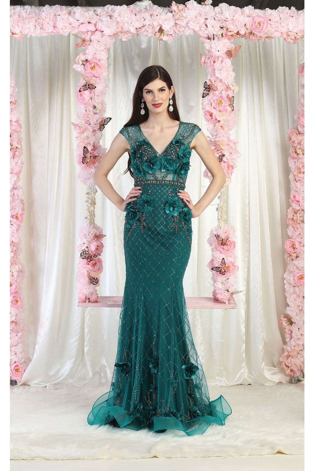 Royal Queen RQ7951 V-Neck 3D Floral Evening Dress