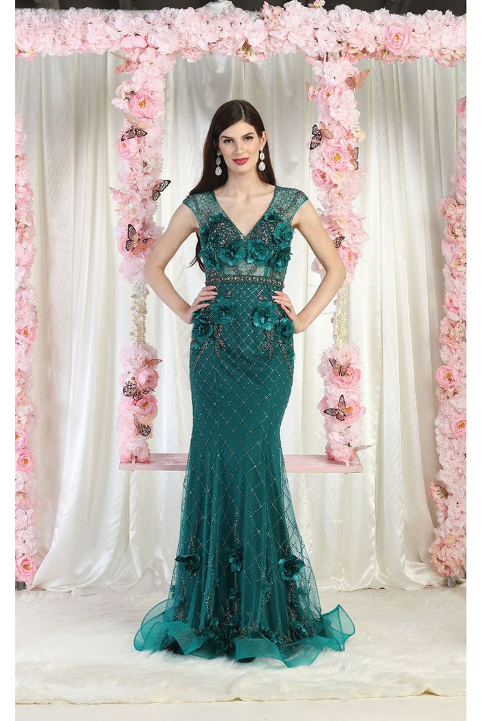 Royal Queen RQ7951 V-Neck 3D Floral Evening Dress