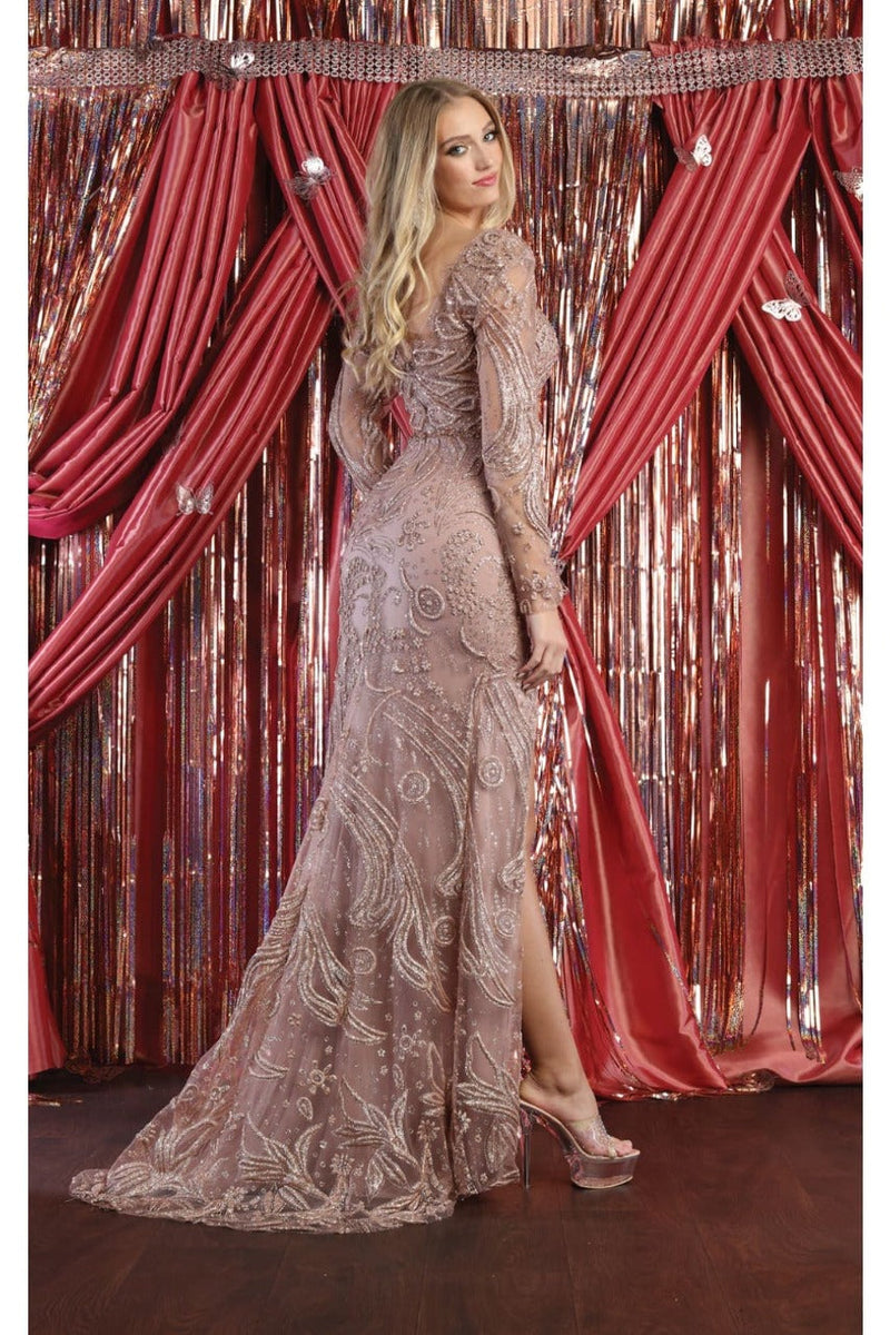 Royal Queen RQ7972 Long Sleeve Embellished V-Neck Glitter Prom Dress