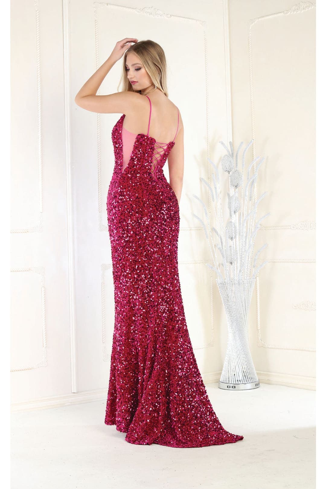 Royal Queen RQ7987 Corset Back Sheath Long Sequin Red Carpet Prom Gown