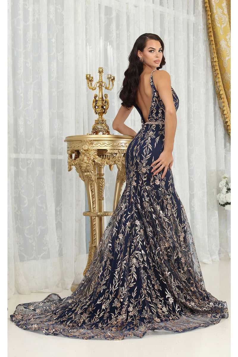 Royal Queen RQ8017 V-upper Back Sheer Sides Glitter Prom Gown