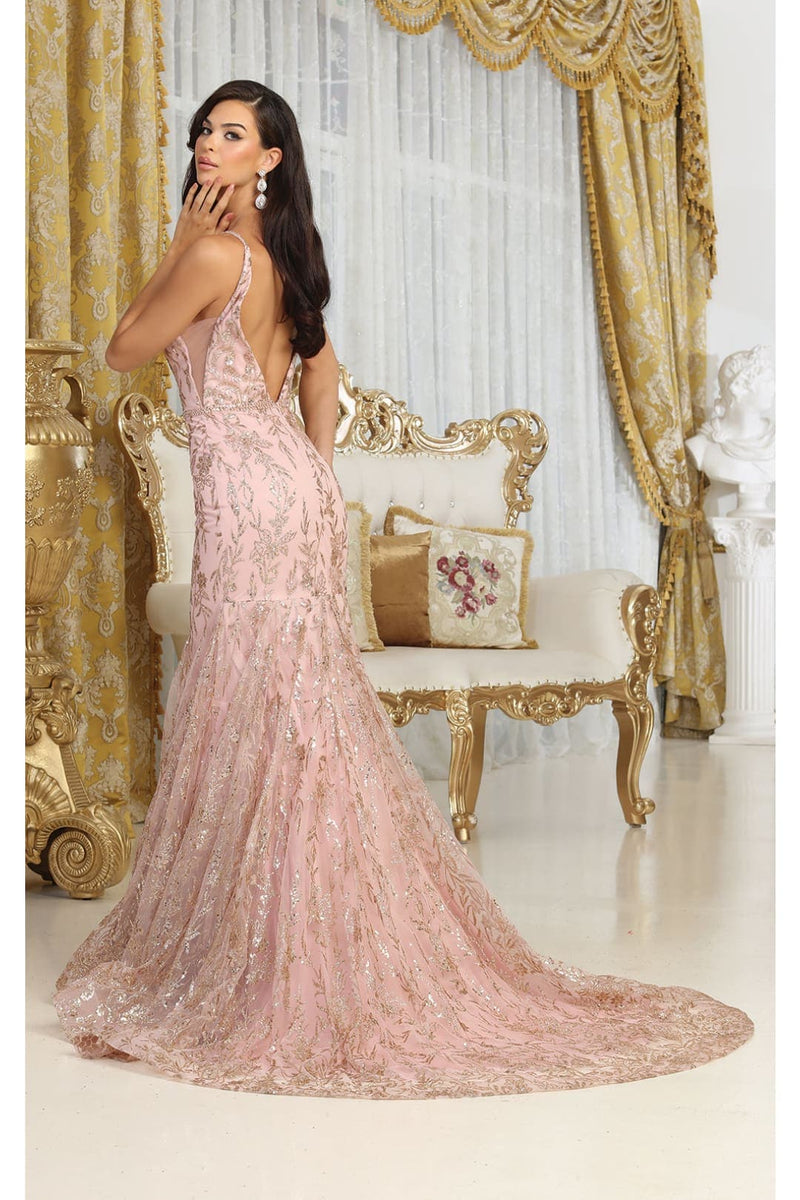 Royal Queen RQ8017 V-upper Back Sheer Sides Glitter Prom Gown
