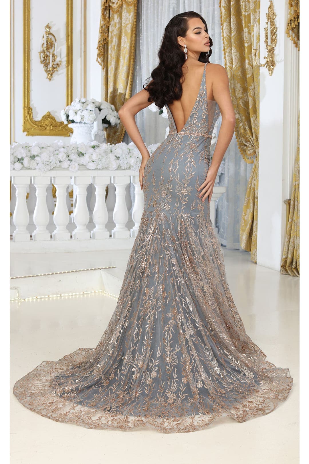 Royal Queen RQ8017 V-upper Back Sheer Sides Glitter Prom Gown