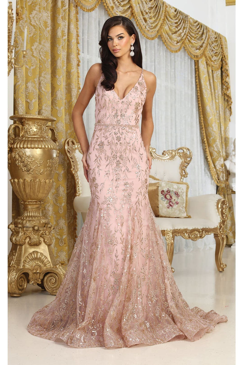 Royal Queen RQ8017 V-upper Back Sheer Sides Glitter Prom Gown